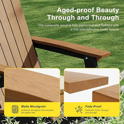 HDPE Foldable Adirondack Outdoor Chair with Cup Holder, Weather Resistant Heavy-Duty Patio Chair for Patio, Backyard, Deck, Fire Pit, Lawn and Porch, Black and Teak