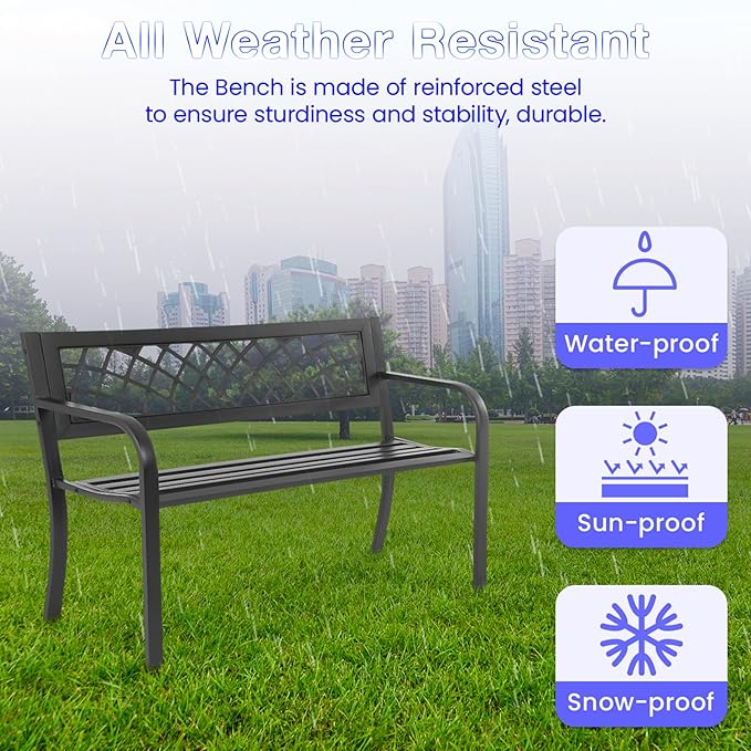 24/7 Shop at Home Lance 46 Inch Modern Metal Outdoor Bench with Back, All Weather Resistant and Non-Slip Footrest, Front Porch Furniture for Yard, Lawn, Park, Patio, Garden Chair, Black