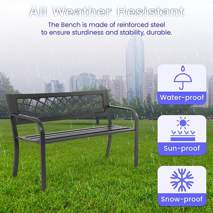 24/7 Shop at Home Lance 46 Inch Modern Metal Outdoor Bench with Back, All Weather Resistant and Non-Slip Footrest, Front Porch Furniture for Yard, Lawn, Park, Patio, Garden Chair, Black