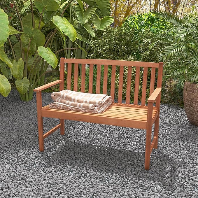 Giantex Outdoor Bench, Wood Patio Bench with Cozy Armrests & Backrest, Slatted Sitting Area, Eucalyptus Wood Frame, 2-Person Loveseat for Park, Porch, Yard, 800 lbs Max Load, Garden Bench (Eucalyptus)