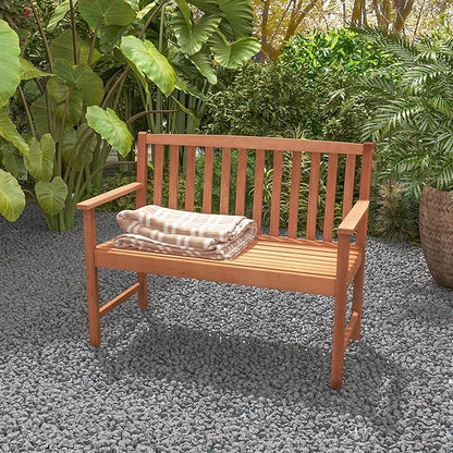 Giantex Outdoor Bench, Wood Patio Bench with Cozy Armrests & Backrest, Slatted Sitting Area, Eucalyptus Wood Frame, 2-Person Loveseat for Park, Porch, Yard, 800 lbs Max Load, Garden Bench (Eucalyptus)