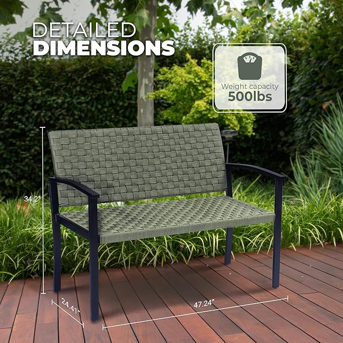 Chelsea Olive Patio Loveseat All-Weather Rope Outdoor Bench with Metal Armrest, Patio Outdoor Furniture Ideal Garden Bench for Balcony, Lawn, Backyard and Deck (Green)