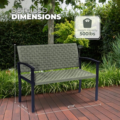Chelsea Olive Patio Loveseat All-Weather Rope Outdoor Bench with Metal Armrest, Patio Outdoor Furniture Ideal Garden Bench for Balcony, Lawn, Backyard and Deck (Green)