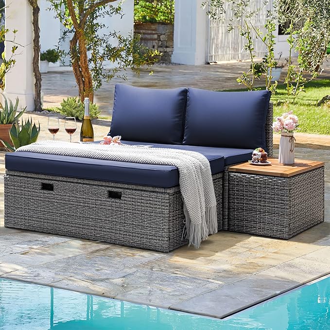 Greesum Patio Furniture Set Multifunctional Outdoor Sectional Sofa Rattan Chaise Lounge Wicker Daybed with Couch, Cushions, Storage Ottoman and 2 Side Tables for Backyard Porch Poolside Lawn,Blue