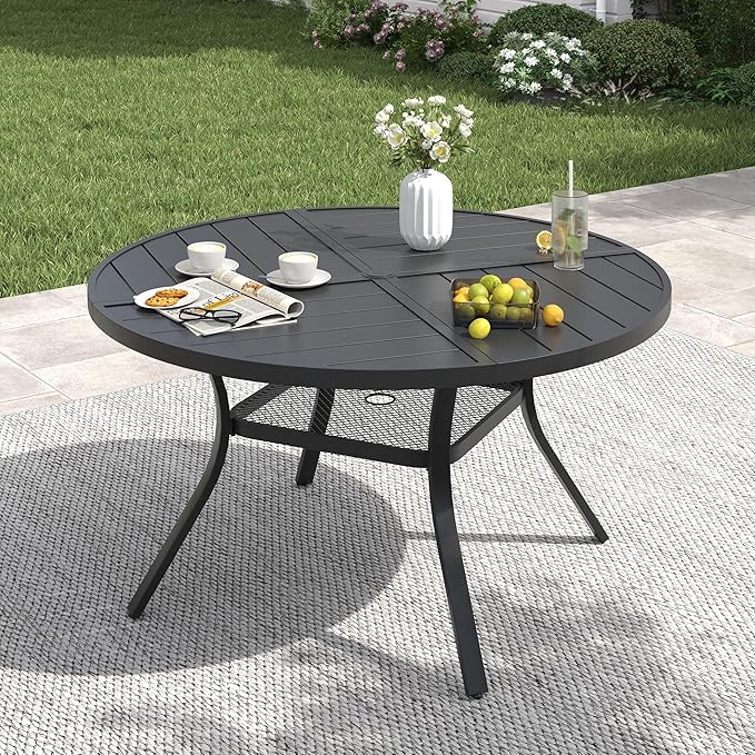 VICLLAX 40.6" Round Patio Table with Umbrella Hole, All Weather Metal Outdoor Dining Table for 4, Outside Table with Storage Shelf for Lawn Garden, Black