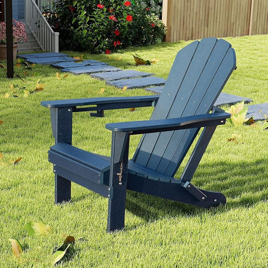 Domi Folding Adirondack Chair, HDPE Adirondack Chair with Cup Holder, Wooden Textured Fire Pit Chairs for Patio Backyard Lawn, Dark Blue