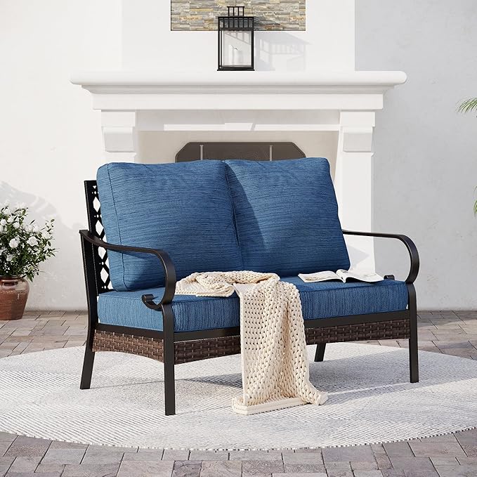 Metal Patio Furniture Loveseat with 5.75" Extra Thick Waterproof Cushion - Photo 1