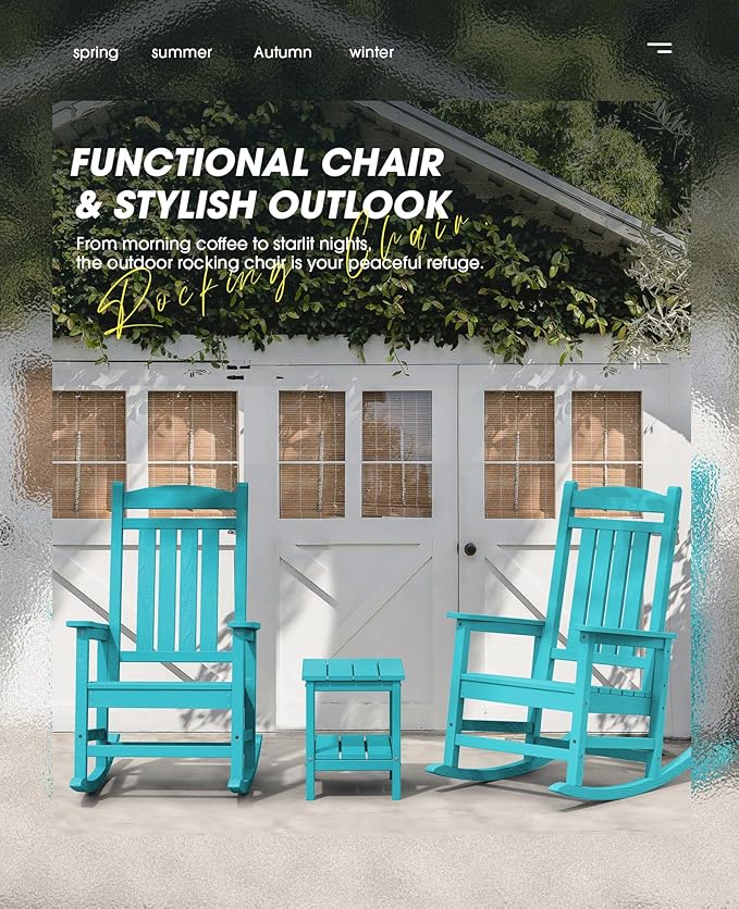 KINGYES Outdoor Rocking Chair Set of 2, HDPE Patio Rocking Chairs with 330lbs Support for Adults, Aruba Blue