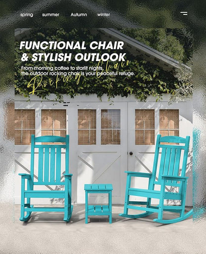 KINGYES Outdoor Rocking Chair Set of 2, HDPE Patio Rocking Chairs with 330lbs Support for Adults, Aruba Blue