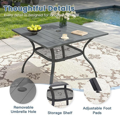 DIFY Square Patio Dining Table for 4, 38" Grey Outdoor Metal Dining Table with 1.57" Umbrella Hole for Backyard, Lawn, Garden and Deck