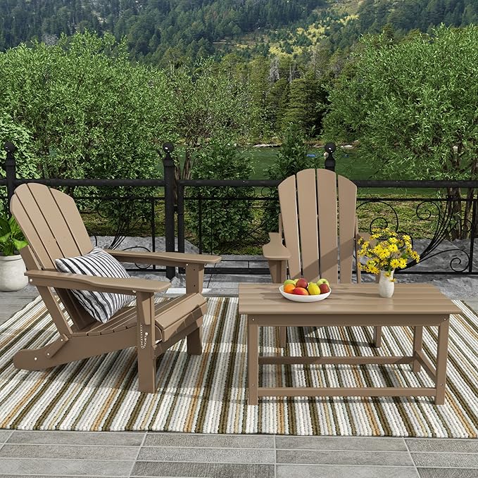 WO Home Furniture Adirondack Chairs Table Set of 3 PCS Outdoor Folding Chairs Coffee Table Weather/UV Resistant for Lawn - Photo 2