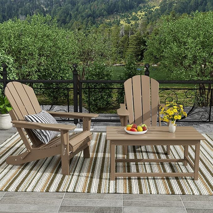 WO Home Furniture Adirondack Chairs Table Set of 3 PCS Outdoor Folding Chairs Coffee Table Weather/UV Resistant for Lawn, Garden, Bon Fire, Balcony (Weathered Wood)