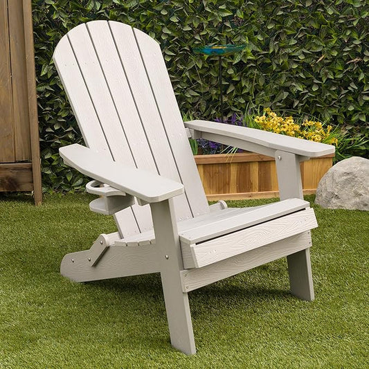Alpine Corporation 38" H Outdoor Adirondack Folding Chair with Cup Holder and Ottoman, Classic Ergonomic Design, Patio Furniture and Accessories, Light Gray