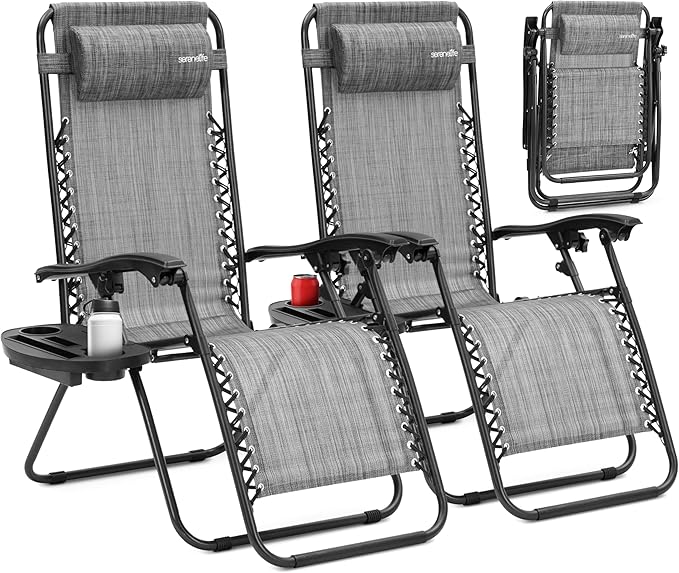 SereneLife Zero Gravity Chairs Set of 2 - Adjustable Steel Mesh Lawn Chairs - Outdoor Lounge Chairs with Detachable Cup Holder Tray - Foldable Outdoor Chair with Removable Pillows - Grey
