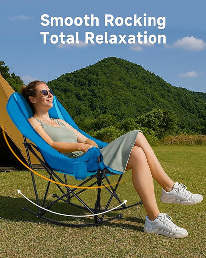 Slsy Oversized Rocking Camping Chair for Adults, 400 lbs Heavy Duty Padded Recliner with Side Pocket, Cup Holder & Carry Bag, Foldable Outdoor Lawn Chair for Patio, Backyard, or Camp