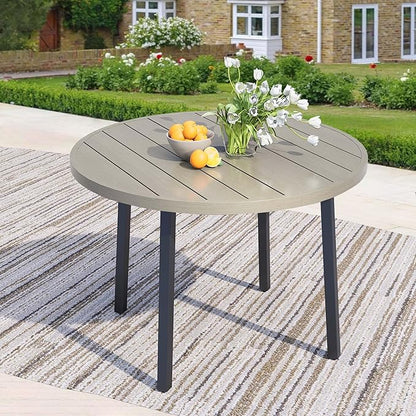 42" Round Patio Dining Table for 4, All-Weather Metal Patio Table with Umbrella Hole, Outdoor Round Dining Table for Lawn Garden Porch, Honey Oak,