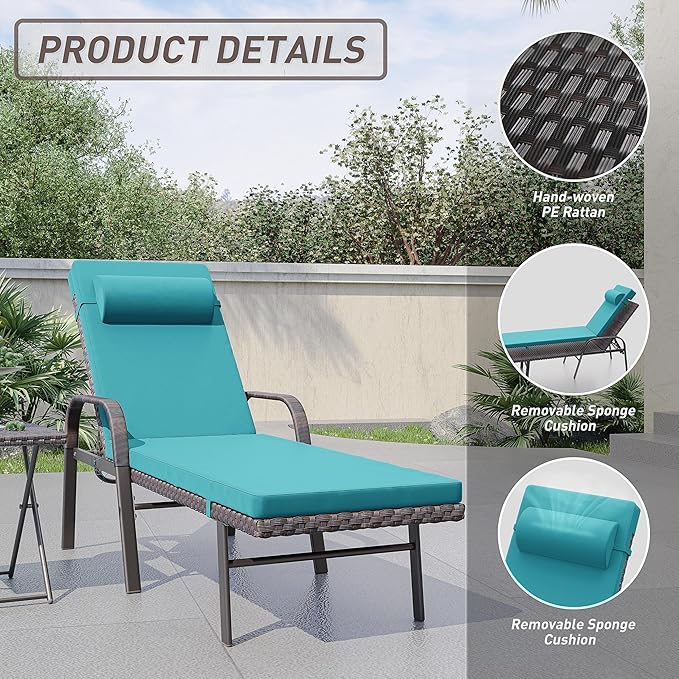 ALAULM 3 Pieces Outdoor Chaise Lounge Set Rattan Wicker Adjustable Pool Lounge Chair w/Folding Table,Patio Armrest Recliner for Beach, Poolside,Blue