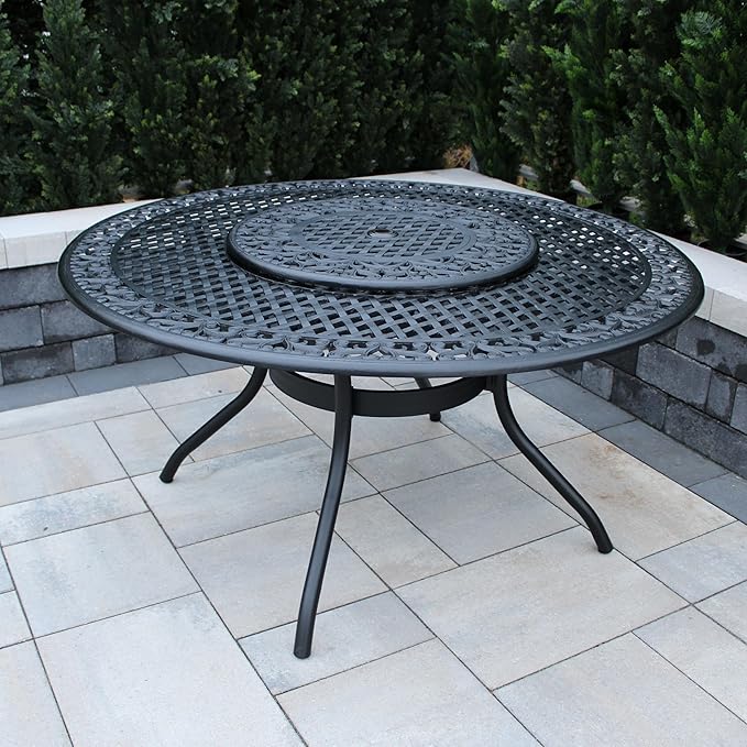 Oakland Living Ornate Outdoor Mesh Aluminum 59-in Black Large Round Patio Dining Table with Lazy Susan