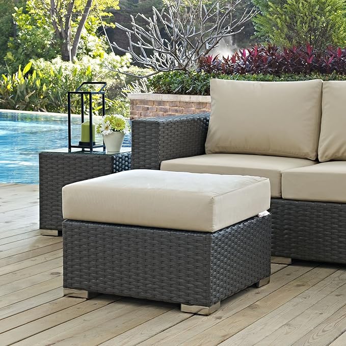 Modway EEI-1855-CHC-BEI Sojourn Wicker Rattan Outdoor Patio Coffee Table, Ottoman, Canvas Antique Beige - Photo 2