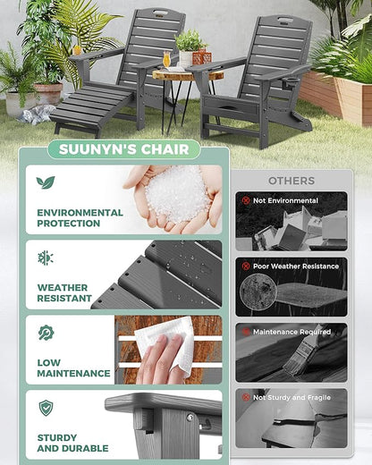 Folding Adirondack Chair with Retractable Ottoman, Weather Resistant Fire Pit Chair Patio Chair with 2 Cup Holder Lawn Outdoor Lounge Chair (Grey)