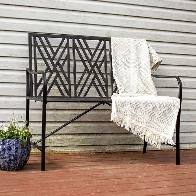 Sunnydaze 2-Person Outdoor Garden Bench - Geometric Lattice Iron Patio Bench - Black - 42" W