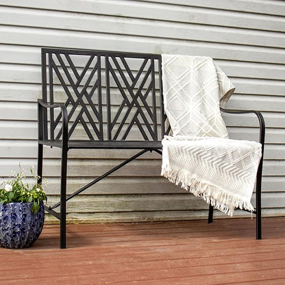 Sunnydaze 2-Person Outdoor Garden Bench - Geometric Lattice Iron Patio Bench - Black - 42" W