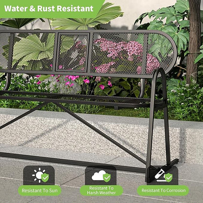 Outdoor Bench, Metal Mesh Garden Bench with Foldable Middle Table, 55" Weather Resistant Patio Park for 2-3 People, Decorative Porch Chair for Yard, Deck, and Lawn, Black