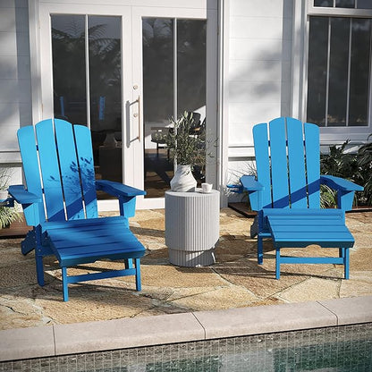 Taylor & Logan Hedley Adirondack Chair with Cup Holder and Pull Out Ottoman, All-Weather HDPE Indoor/Outdoor Lounge Chair in Blue, Set of 2
