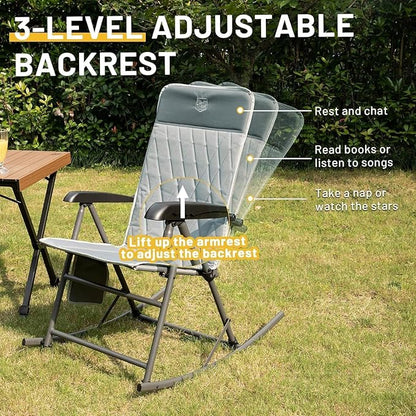 Timber Ridge 3-Level Adjustable Rocking Camping Chair, Padded High Back Outdoor Rocking Chair with Side Pocket, Portable Folding Rocker for Adults, Supports 300 LBS for Lawn, Patio, Porch