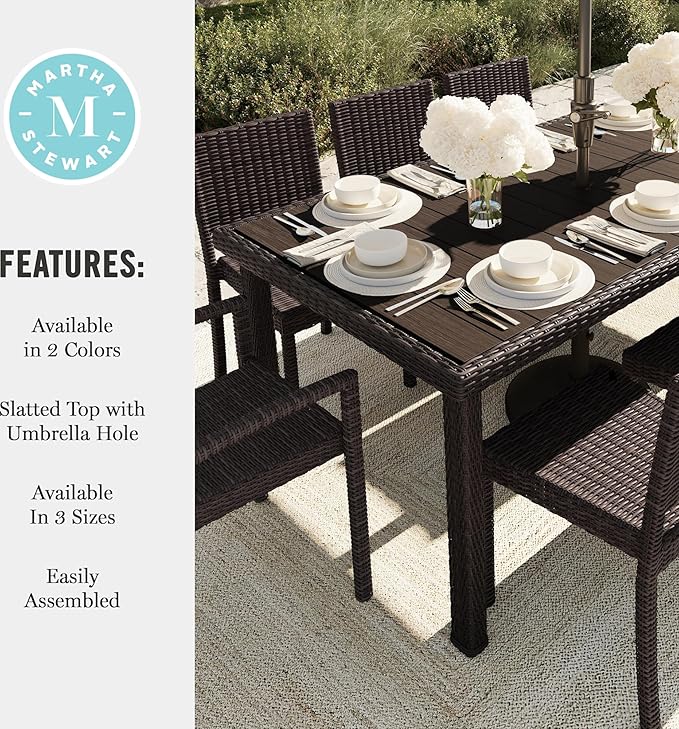Martha Stewart Bedford 71" Indoor-Outdoor Patio Table with Faux Wood Top and Rattan Wicker Finish in Brown