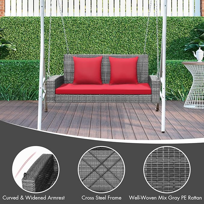 RELAX4LIFE 2-Person Porch Swing Bench - PE Rattan Outdoor Swing Chair with Comfortable Seat & Back Cushions - Photo 4