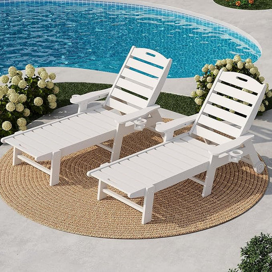 HDPE 5-Position Patio Lounge Chair for Outside Set of 2, HDPE Chaise Lounge Outdoor with Cup Holder, Resin Pool Lounger Chair with Rolling Wheels