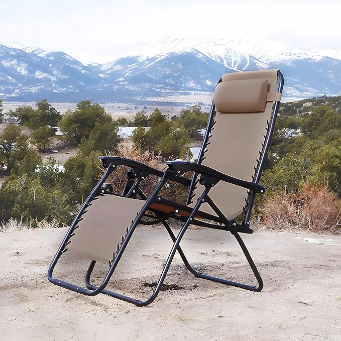 Caravan Sports Zero Gravity Outdoor Portable Folding Camping Lawn Deck Patio Pool Recliner Lounge Chair for Adults, Adjustable Headrest, Beige