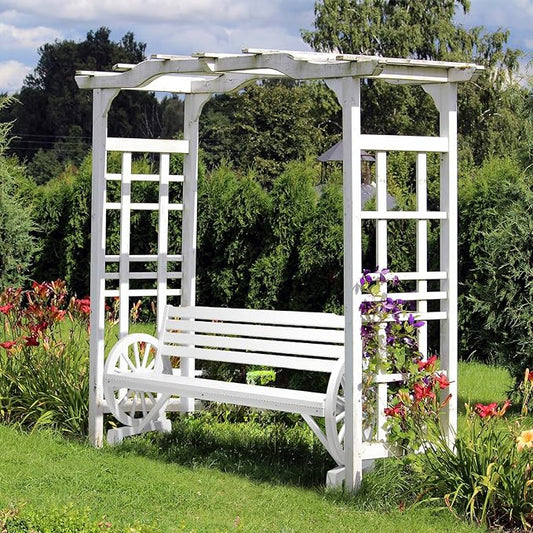 VINGLI 55" Rustic Wooden Wheel Bench Outdoor Bench, 2-Person Patio Bench Wagon Slatted Seat, Garden Benches for Outdoors 350lbs High Capacity, Weather Resistance (White)