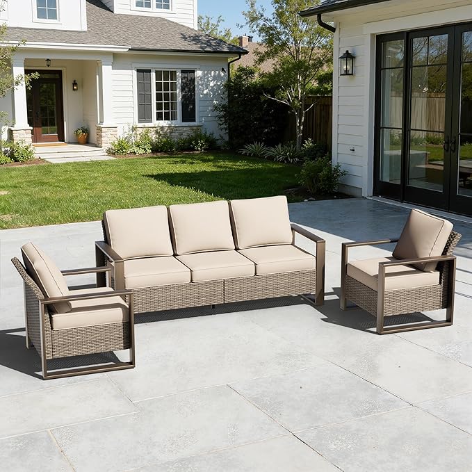 Wicker Patio 75" Sofa Set with Two Armchairs, All Weather Rattan Outdoor Conversation Furniture Set with Wood-Looking Metal Armrest & Removable Cushions for Deck Backyard Porch, Beige