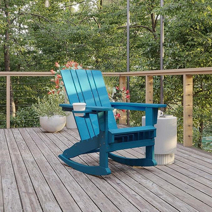Flash Furniture Halifax Adirondack Rocking Chair with Cup Holder, Weather Resistant Poly Resin Adirondack Rocking Chair, Blue