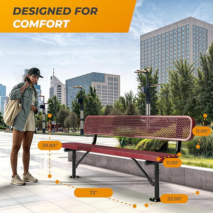 Heavy-Duty Outdoor Metal Bench, Thermoplastic-Coated, Surface, Weatherproof, Commercial-Grade for Parks, Gardens, Patios, Stores & More (6 Ft - Surface with Back, Red)
