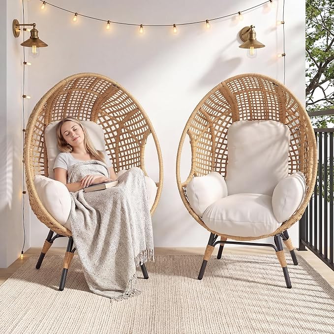 Oversized Wicker Egg Chair, Outdoor Indoor Rattan Patio Egg Lounge Chairs with Cushion 500lbs Capacity for Living Room - Photo 1
