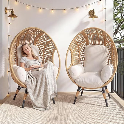 Oversized Wicker Egg Chair, Outdoor Indoor Rattan Patio Egg Lounge Chairs with Cushion 500lbs Capacity for Living Room, Balcony, Backyard (2 PCS, Beige-Grid)