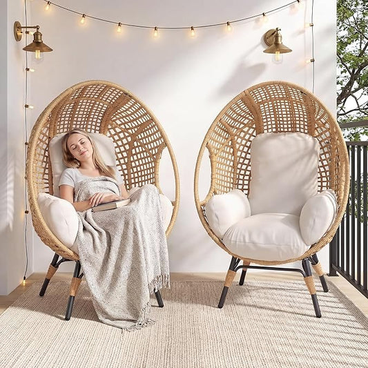 Oversized Wicker Egg Chair, Outdoor Indoor Rattan Patio Egg Lounge Chairs with Cushion 500lbs Capacity for Living Room, Balcony, Backyard (2 PCS, Beige-Grid)