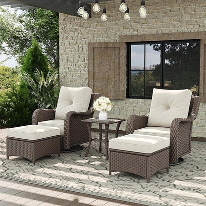 5 Piece Patio Furniture Set, All-Weather Wicker Outdoor Conversation Set with Swivel Rocking Chair and 6 Inch Thick Cushions