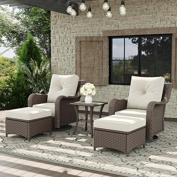 5 Piece Patio Furniture Set, All-Weather Wicker Outdoor Conversation Set with Swivel Rocking Chair and 6 Inch Thick - Photo 1