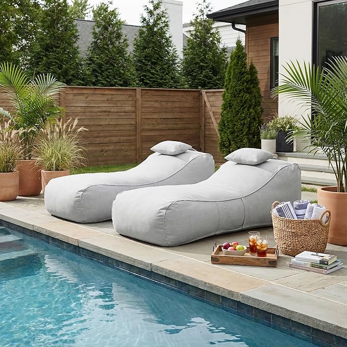Merax Outdoor Bean Bag Chairs with Headrest Set of 2, 71" Lounger Chair for Adults Bean Bag Bed with Foam Filled for Patio Pool Balcony & Desk, Water-Repellence Fabric Outside Beanbag Chair, Grey