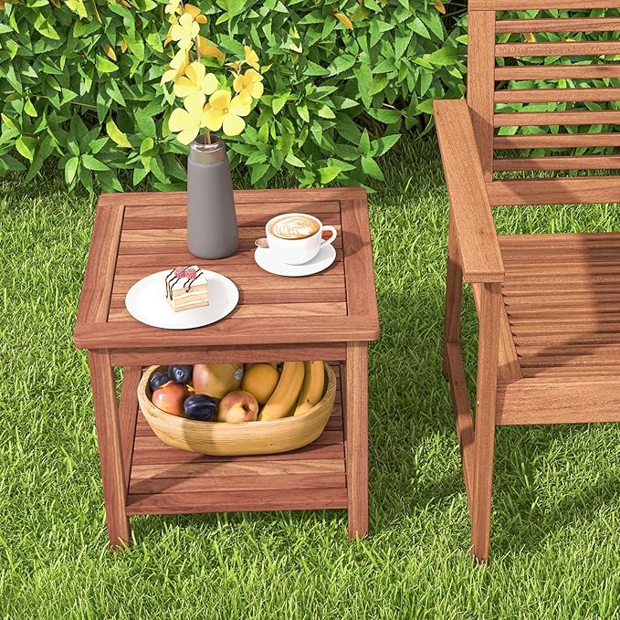 RELAX4LIFE Adirondack Outdoor Side Table - 2-Tier Acacia Wood Square End Tables w/Slatted Tabletop & Shelf for Garden - Photo 8