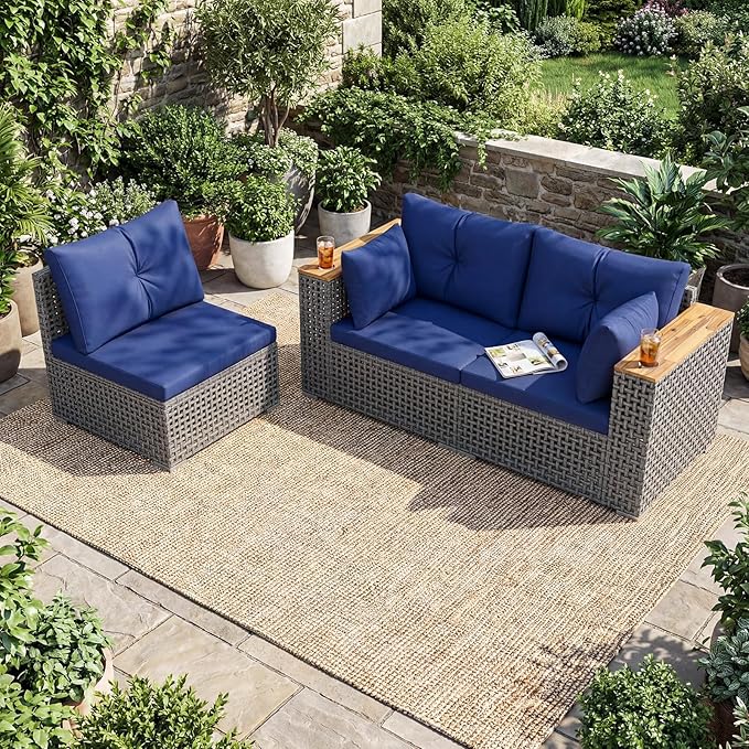 Tangkula 86.5" Large 3-Seat Patio Wicker Sofa, 3 Pieces PE Rattan Sectional Furniture Set with Cup Holder & Wood Armrest, Outdoor Couch Set with Armless & 2 Corner Sofas for Garden, Yard, Porch, Navy