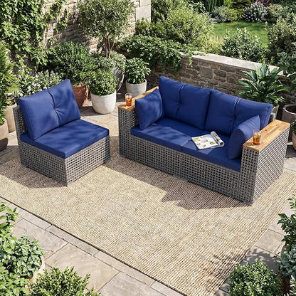 Tangkula 86.5" Large 3-Seat Patio Wicker Sofa, 3 Pieces PE Rattan Sectional Furniture Set with Cup Holder & Wood Armrest, Outdoor Couch Set with Armless & 2 Corner Sofas for Garden, Yard, Porch, Navy