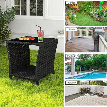 kinbor Small Outdoor Table - Set of 2 Tempered Glass Top Small Outdoor Wicker Side Table with Storage Shelf for Patio, Balcony & Porch, Durable PE Rattan & Iron Frame