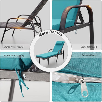 ALAULM 3 Pieces Outdoor Chaise Lounge Set Rattan Wicker Adjustable Pool Lounge Chair w/Folding Table,Patio Armrest Recliner for Beach, Poolside,Blue