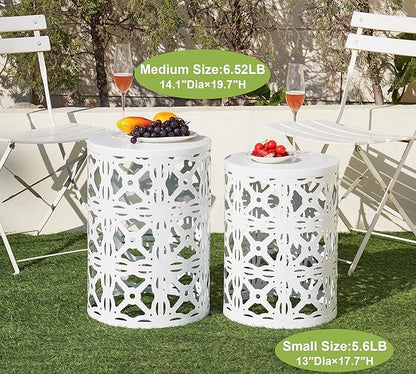 HFHOME Set of 3 Metal Outdoor Side Table, Nesting Round Coffee Table for Indoor Outdoor, Heavy Duty End Tables Plant Stand Living Room Garden Stool - White