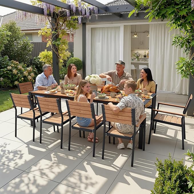 Crestlive Products 95" Outdoor Dining Table for 10, Aluminum Patio Dining Table with Umbrella Hole Weather-Resistant Rectangle Outside Table for Garden Backyard Deck, Brown